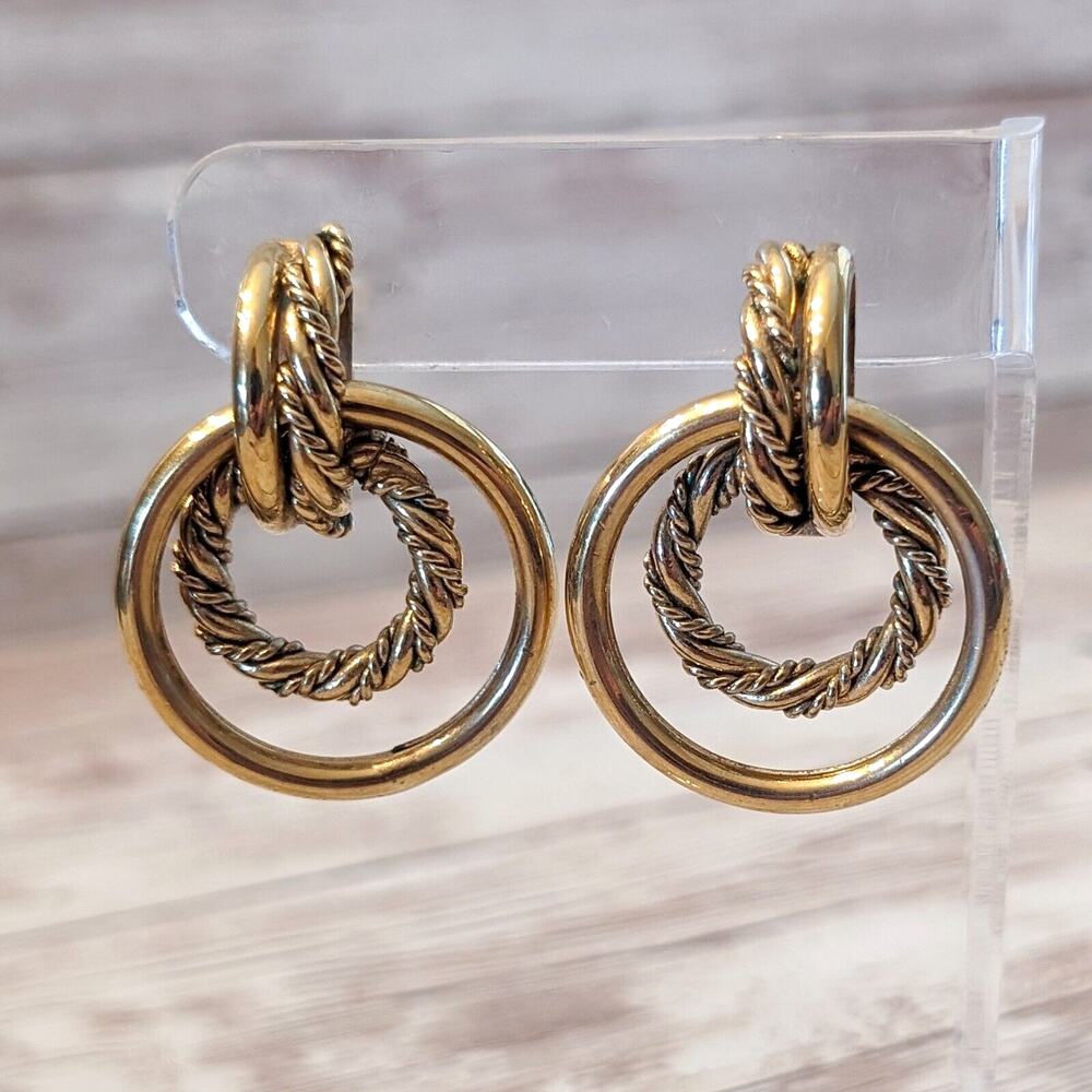 Vintage Napier Clip On Earrings 1.5" Large Door Knocker Gold Tone Circles Dangle